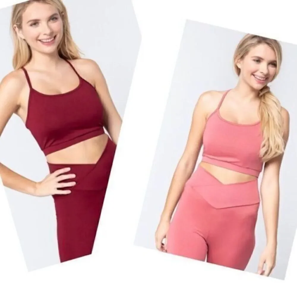 NWT - 2 Cami Bra Top Workout Criss Cross  Burgundy and Rose Pink -Size Large